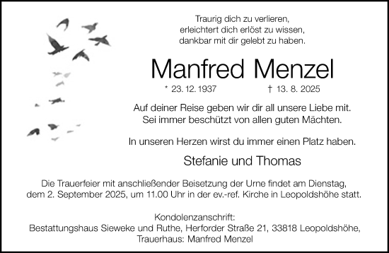 Traueranzeige von Manfred Menzel von Neue Westfälische und Westfalen-Blatt
