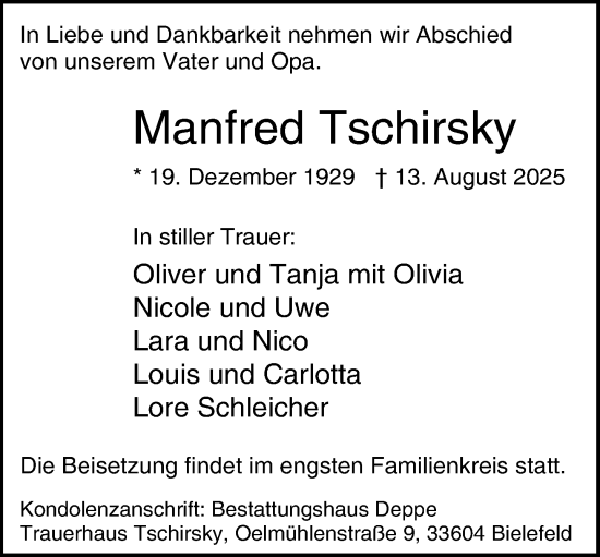 Traueranzeige von Manfred Tschirsky von Neue Westfälische und Westfalen-Blatt