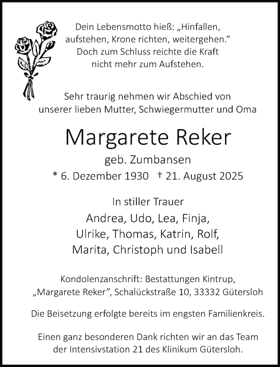 Traueranzeige von Margarete Reker von Neue Westfälische und Westfalen-Blatt