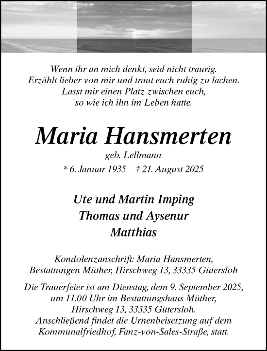 Traueranzeige von Maria Hansmerten von Neue Westfälische und Westfalen-Blatt