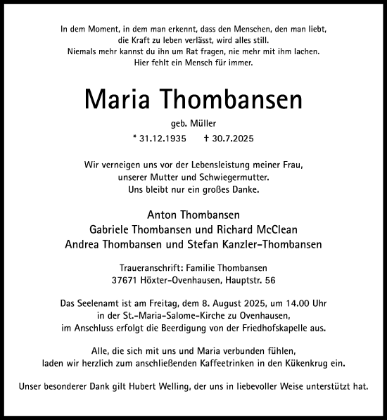 Traueranzeige von Maria Thombansen von Neue Westfälische und Westfalen-Blatt