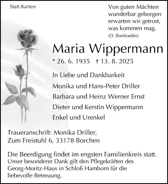 Traueranzeige von Maria Wippermann von Neue Westfälische und Westfalen-Blatt