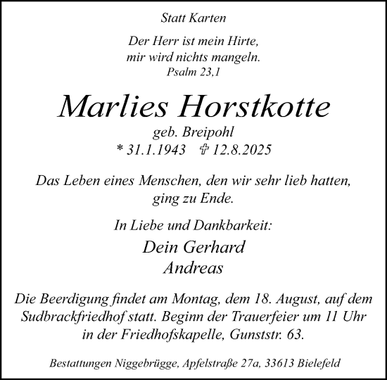 Traueranzeige von Marlies Horstkotte von Neue Westfälische und Westfalen-Blatt