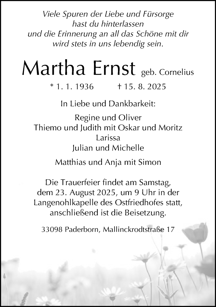  Traueranzeige für Martha Ernst vom 20.08.2025 aus Neue Westfälische und Westfalen-Blatt