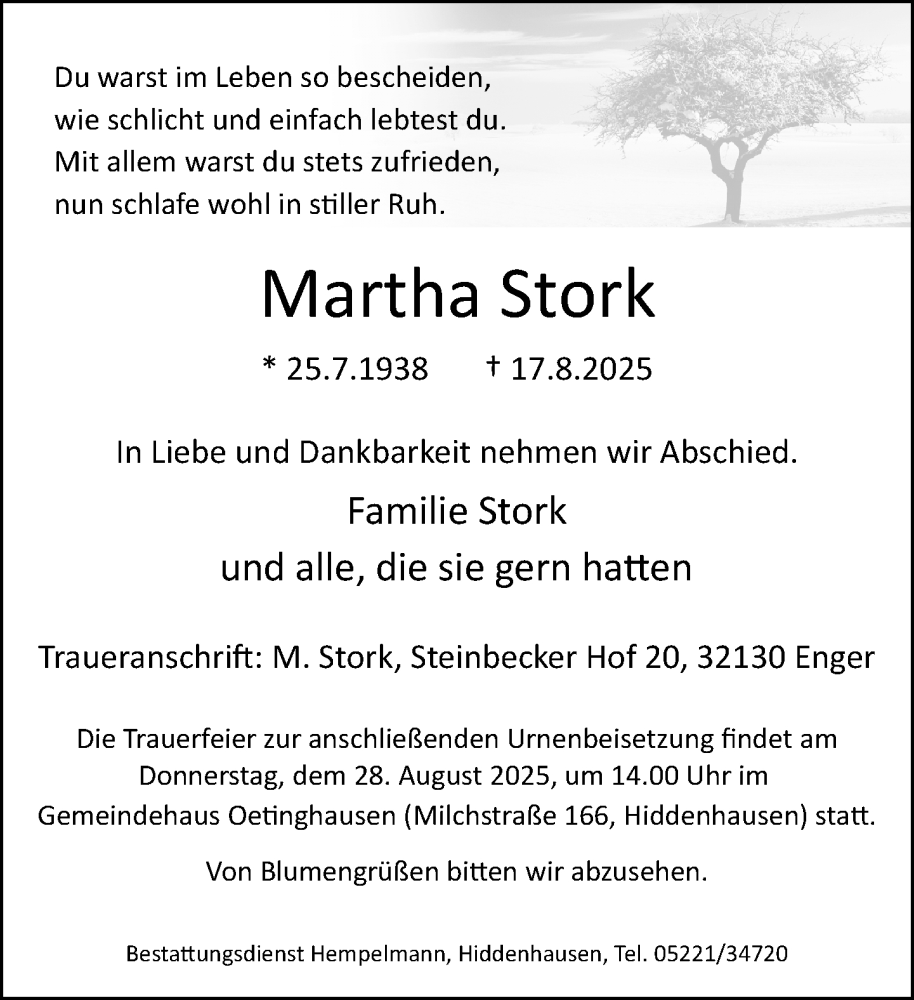  Traueranzeige für Martha Stork vom 23.08.2025 aus Neue Westfälische und Westfalen-Blatt