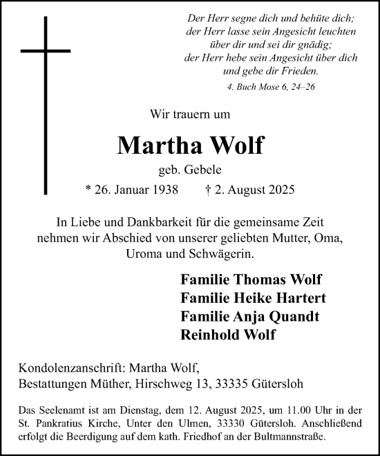 Traueranzeige von Martha Wolf von Neue Westfälische und Westfalen-Blatt