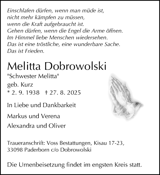 Traueranzeige von Melitta Dobrowolski von Neue Westfälische und Westfalen-Blatt