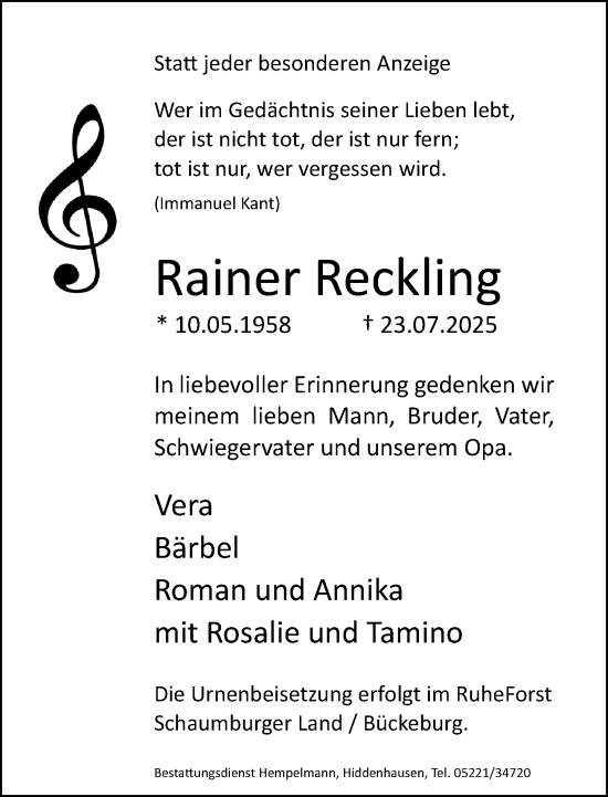 Traueranzeige von Rainer Reckling von Neue Westfälische und Westfalen-Blatt