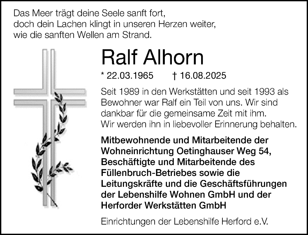 Traueranzeige für Ralf Alhorn vom 28.08.2025 aus Neue Westfälische und Westfalen-Blatt