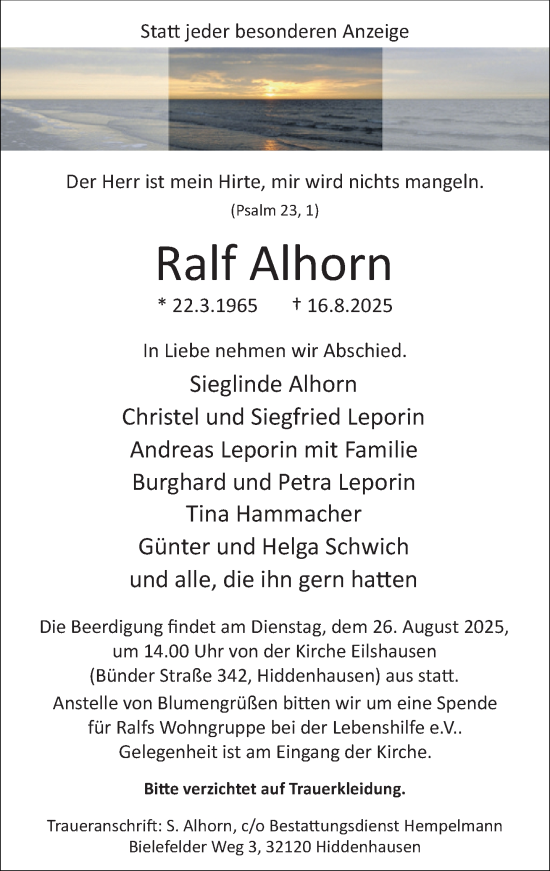 Traueranzeige von Ralf Alhorn von Neue Westfälische und Westfalen-Blatt