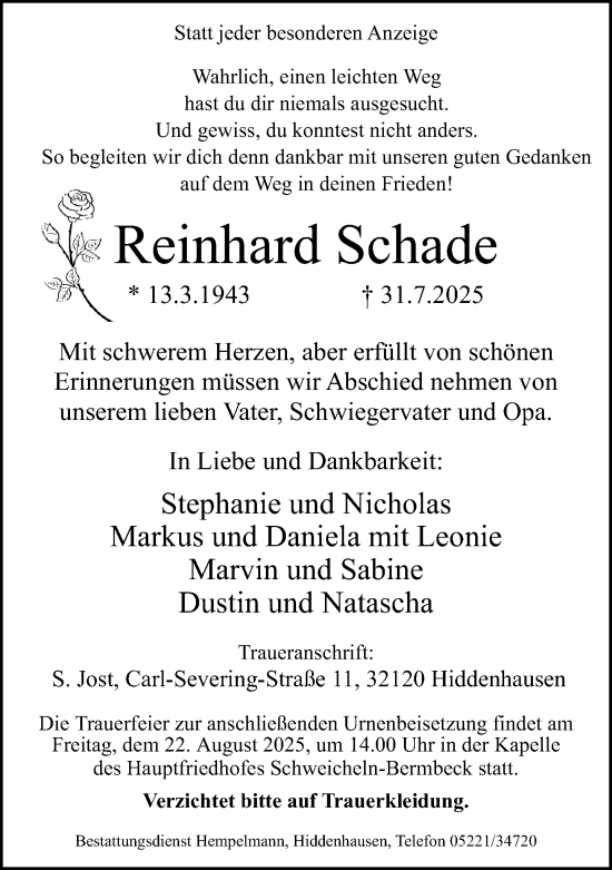 Traueranzeige von Reinhard Schade von Neue Westfälische und Westfalen-Blatt