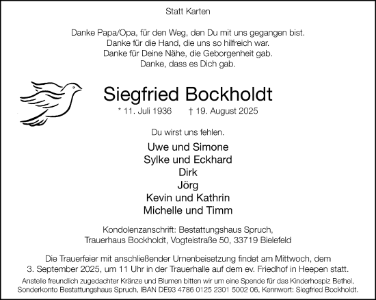 Traueranzeige von Siegfried Bockholdt von Neue Westfälische und Westfalen-Blatt