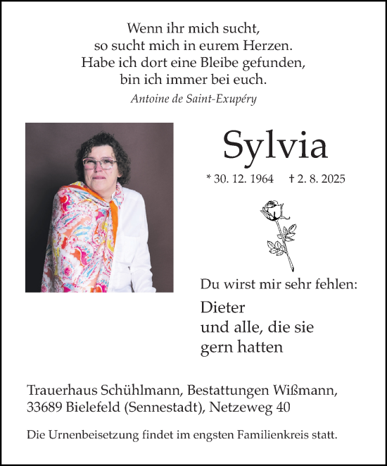 Traueranzeige von Sylvia  von Neue Westfälische und Westfalen-Blatt