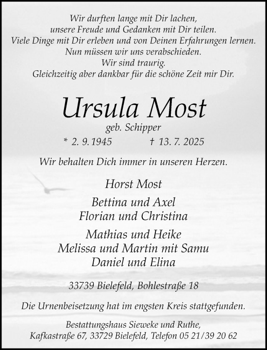 Traueranzeige von Ursula Most von Neue Westfälische und Westfalen-Blatt
