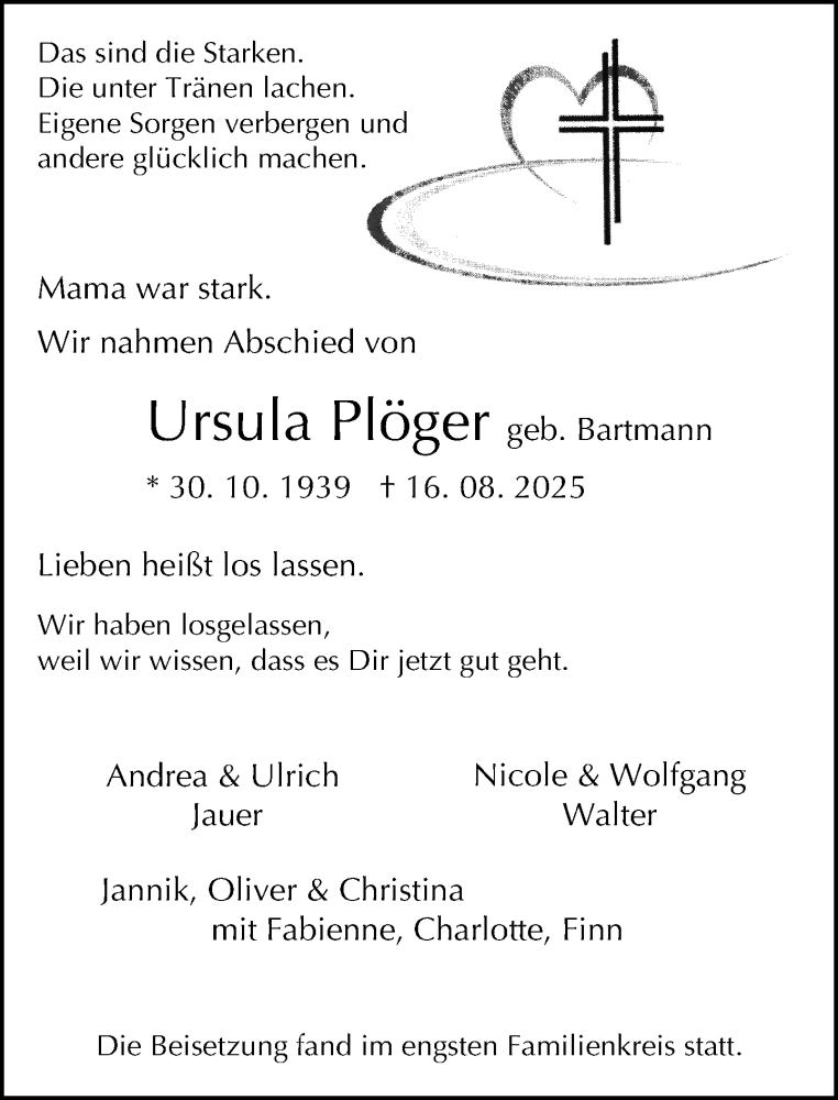  Traueranzeige für Ursula Plöger vom 30.08.2025 aus Neue Westfälische und Westfalen-Blatt