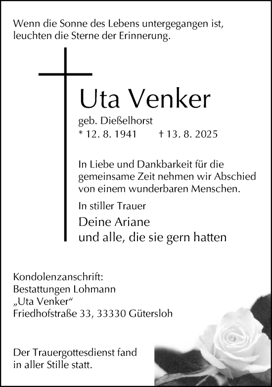 Traueranzeige von Uta Venker von Neue Westfälische und Westfalen-Blatt