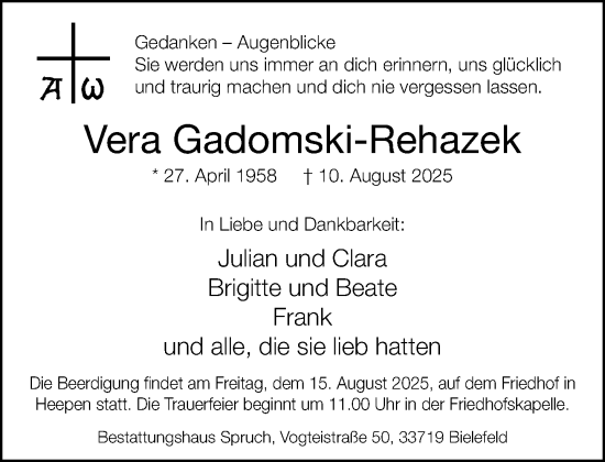 Traueranzeige von Vera Gadomski-Rehazek von Neue Westfälische und Westfalen-Blatt