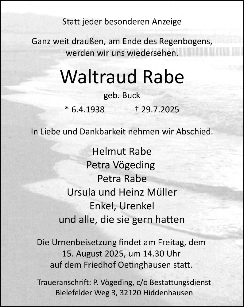 Traueranzeige für Waltraud Rabe vom 02.08.2025 aus Neue Westfälische und Westfalen-Blatt