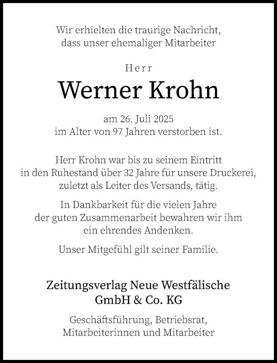 Traueranzeige von Werner Krohn von Neue Westfälische und Westfalen-Blatt