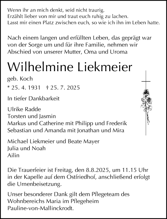 Traueranzeige von Wilhelmine Liekmeier von Neue Westfälische und Westfalen-Blatt
