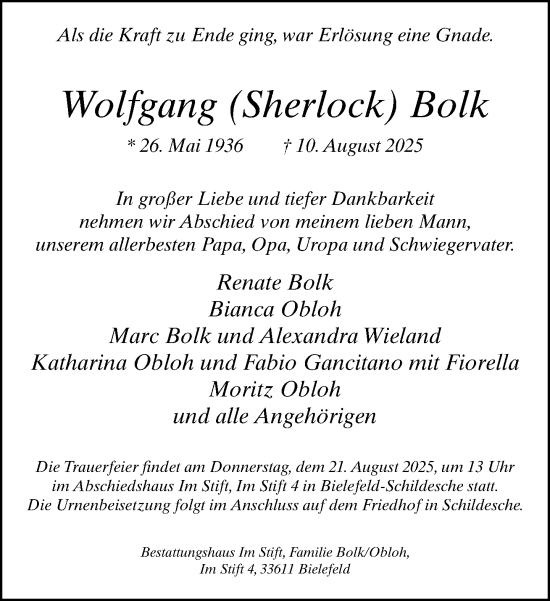 Traueranzeige von Wolfgang Bolk von Neue Westfälische und Westfalen-Blatt