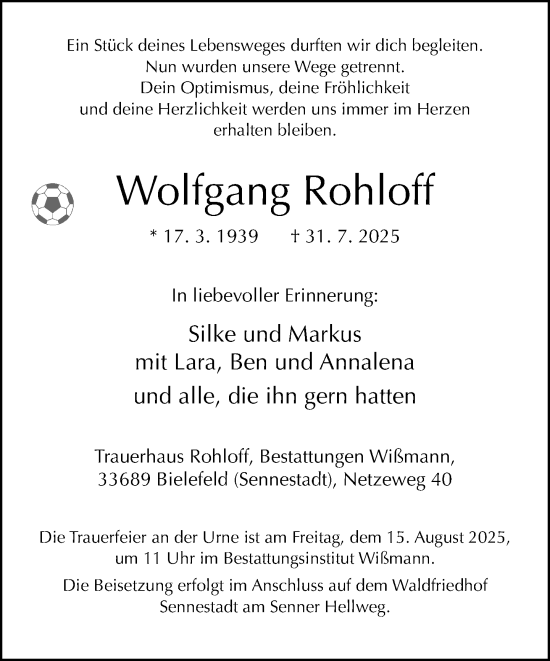 Traueranzeige von Wolfgang Rohloff von Neue Westfälische und Westfalen-Blatt