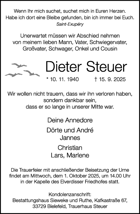 Traueranzeige von Dieter Steuer von Neue Westfälische und Westfalen-Blatt