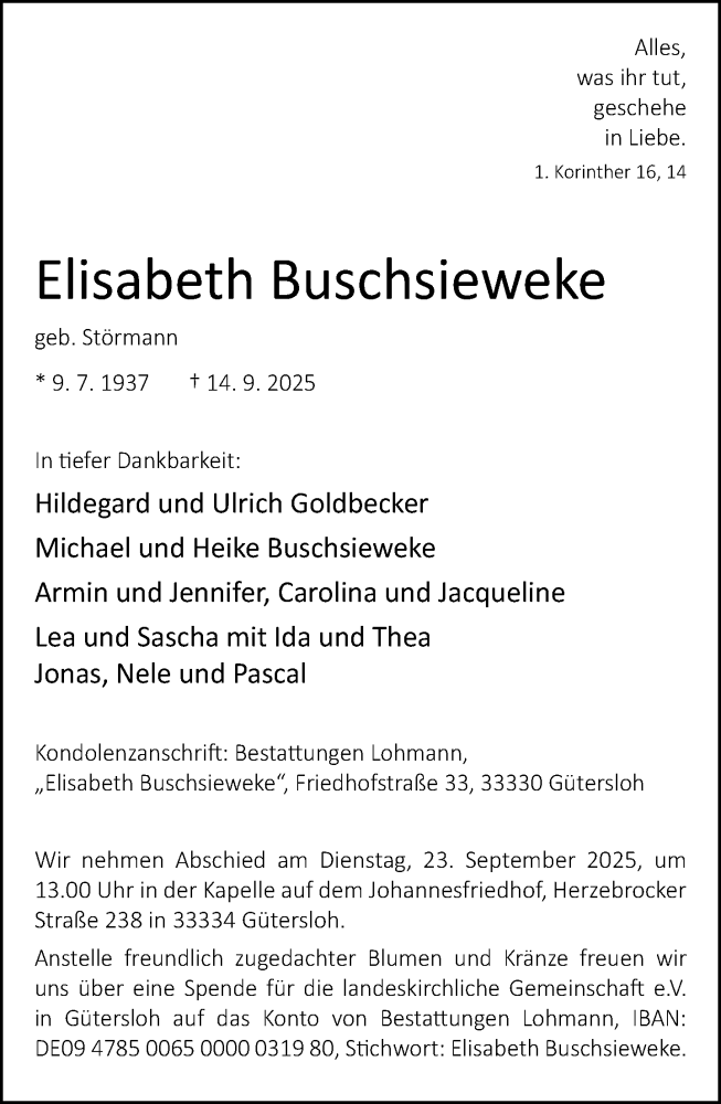  Traueranzeige für Elisabeth Buschsieweke vom 19.09.2025 aus Neue Westfälische und Westfalen-Blatt