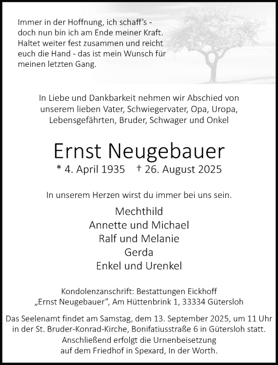 Traueranzeige von Ernst Neugebauer von Neue Westfälische und Westfalen-Blatt