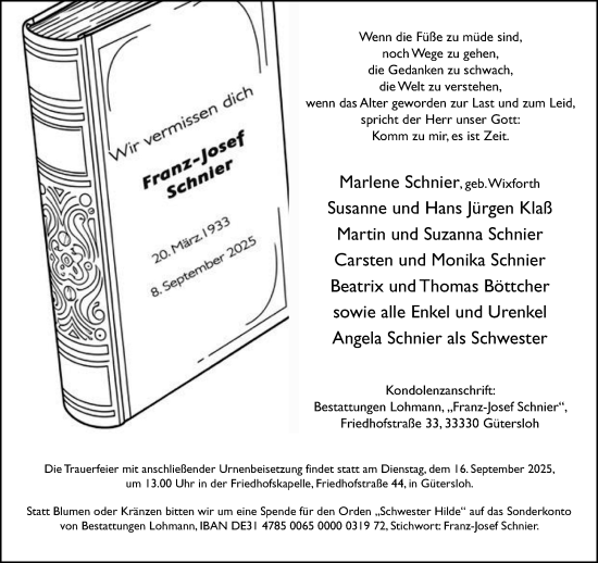 Traueranzeige von Franz-Josef Schnier von Neue Westfälische und Westfalen-Blatt