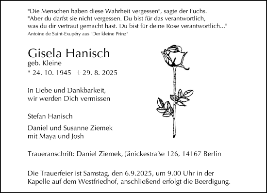 Traueranzeige von Gisela Hanisch von Neue Westfälische und Westfalen-Blatt
