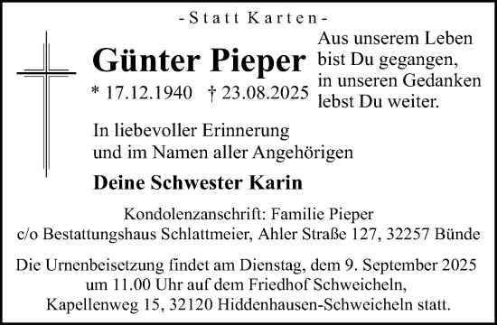 Traueranzeige von Günter Pieper von Neue Westfälische und Westfalen-Blatt