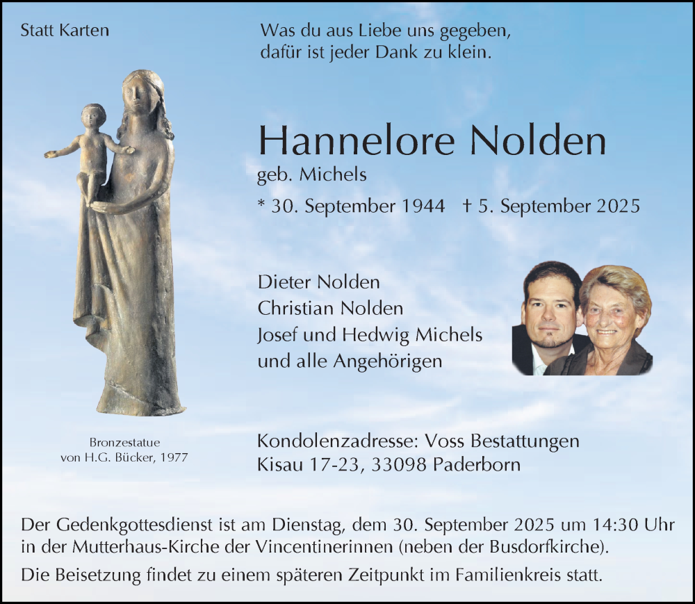  Traueranzeige für Hannelore Nolden vom 20.09.2025 aus Neue Westfälische und Westfalen-Blatt
