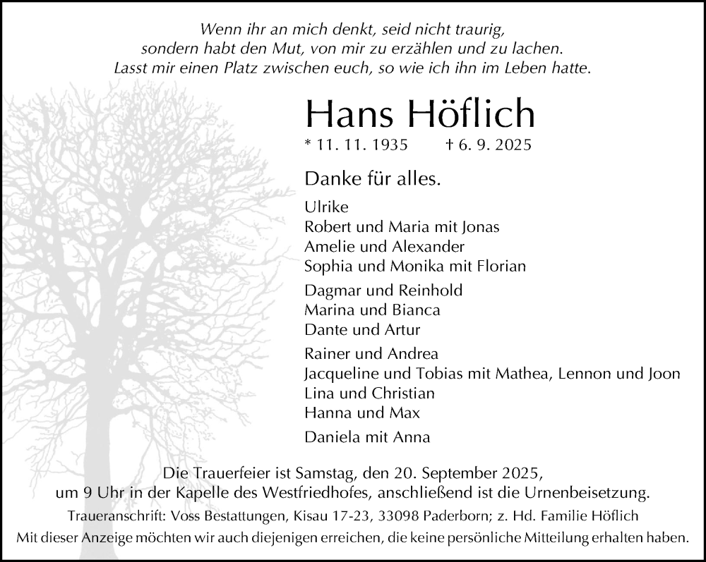  Traueranzeige für Hans Höflich vom 13.09.2025 aus Neue Westfälische und Westfalen-Blatt