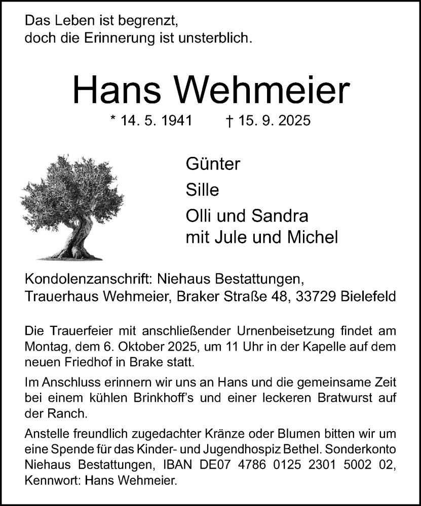  Traueranzeige für Hans Wehmeier vom 27.09.2025 aus Neue Westfälische und Westfalen-Blatt