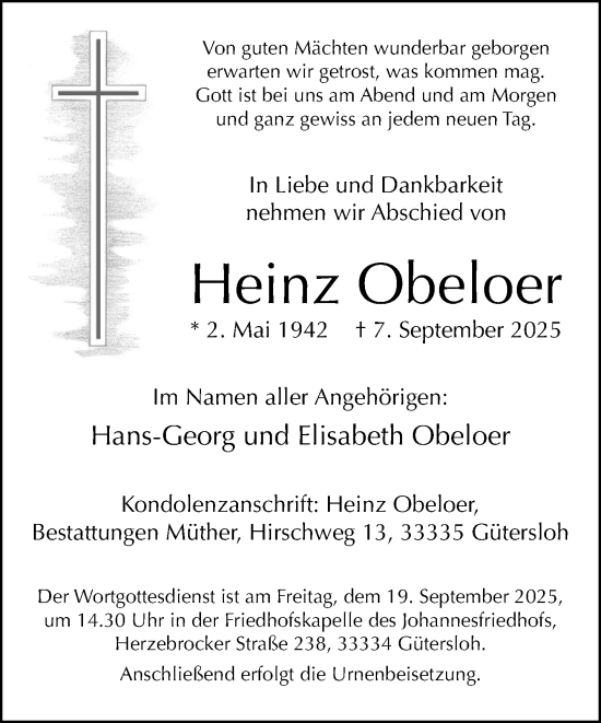 Traueranzeige von Heinz Obeloer von Neue Westfälische und Westfalen-Blatt