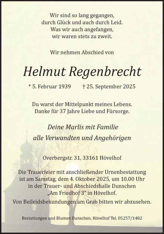 Traueranzeige von Helmut Regenbrecht von Neue Westfälische und Westfalen-Blatt