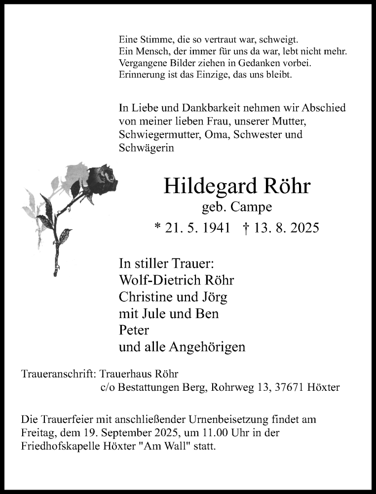  Traueranzeige für Hildegard Röhr vom 06.09.2025 aus Neue Westfälische und Westfalen-Blatt