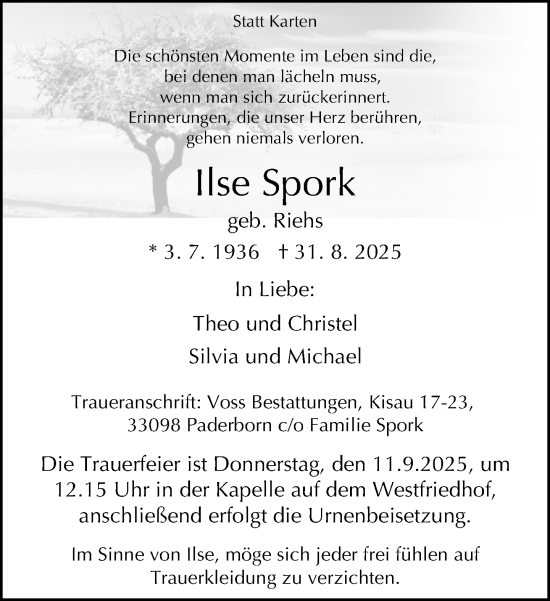 Traueranzeige von Ilse Spork von Neue Westfälische und Westfalen-Blatt