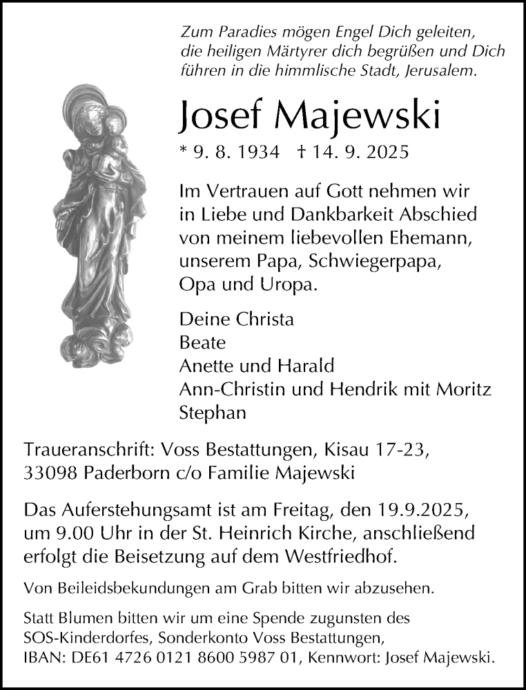  Traueranzeige für Josef Majewski vom 17.09.2025 aus Neue Westfälische und Westfalen-Blatt