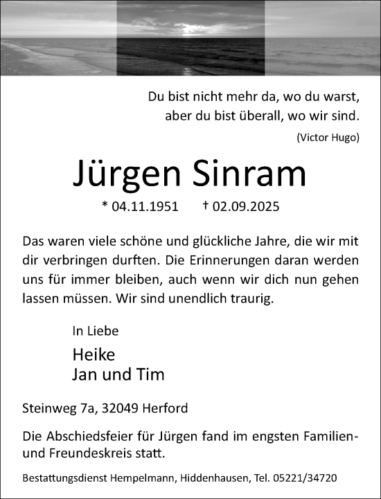 Traueranzeige von Jürgen Sinram von Neue Westfälische und Westfalen-Blatt