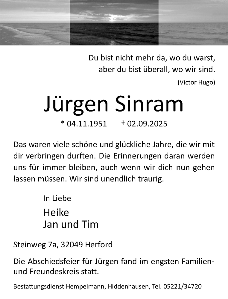 Traueranzeige für Jürgen Sinram vom 20.09.2025 aus Neue Westfälische und Westfalen-Blatt
