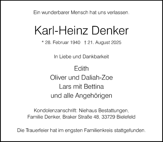Traueranzeige von Karl-Heinz Denker von Neue Westfälische und Westfalen-Blatt