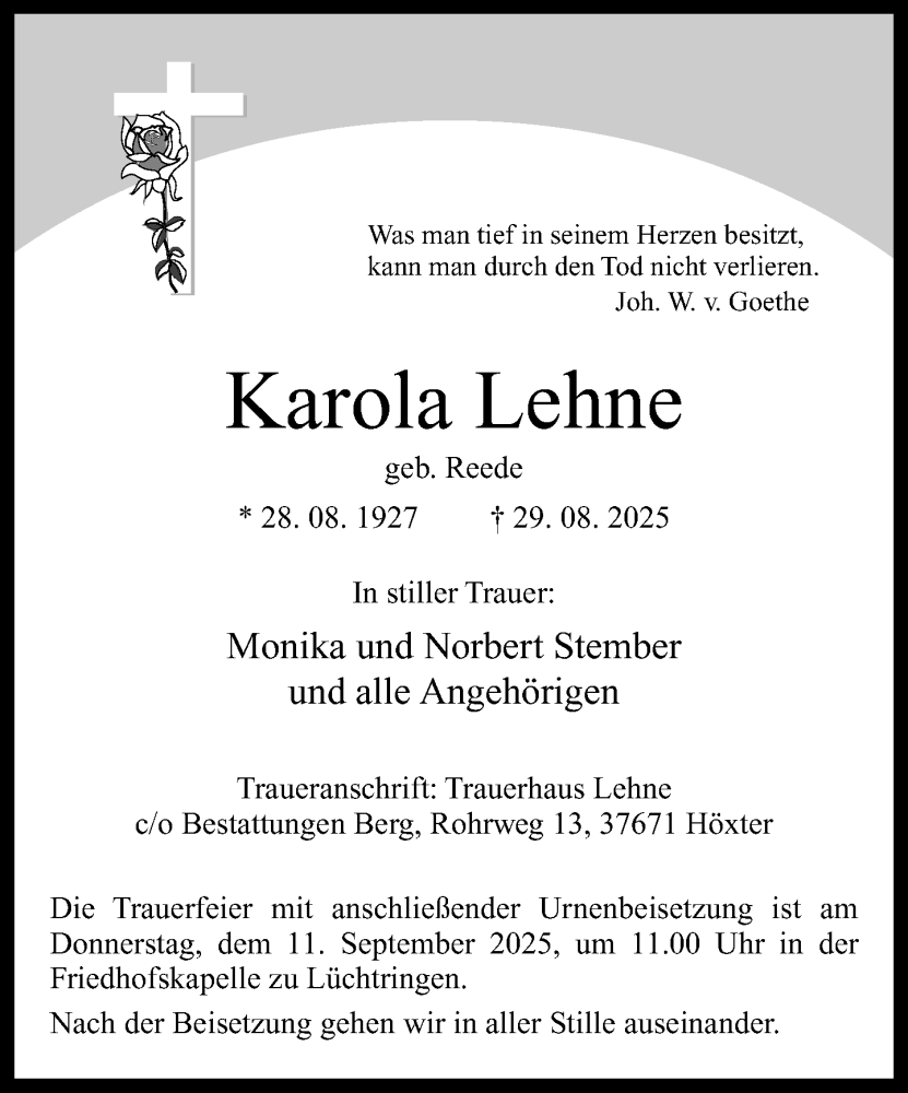  Traueranzeige für Karola Lehne vom 06.09.2025 aus Neue Westfälische und Westfalen-Blatt