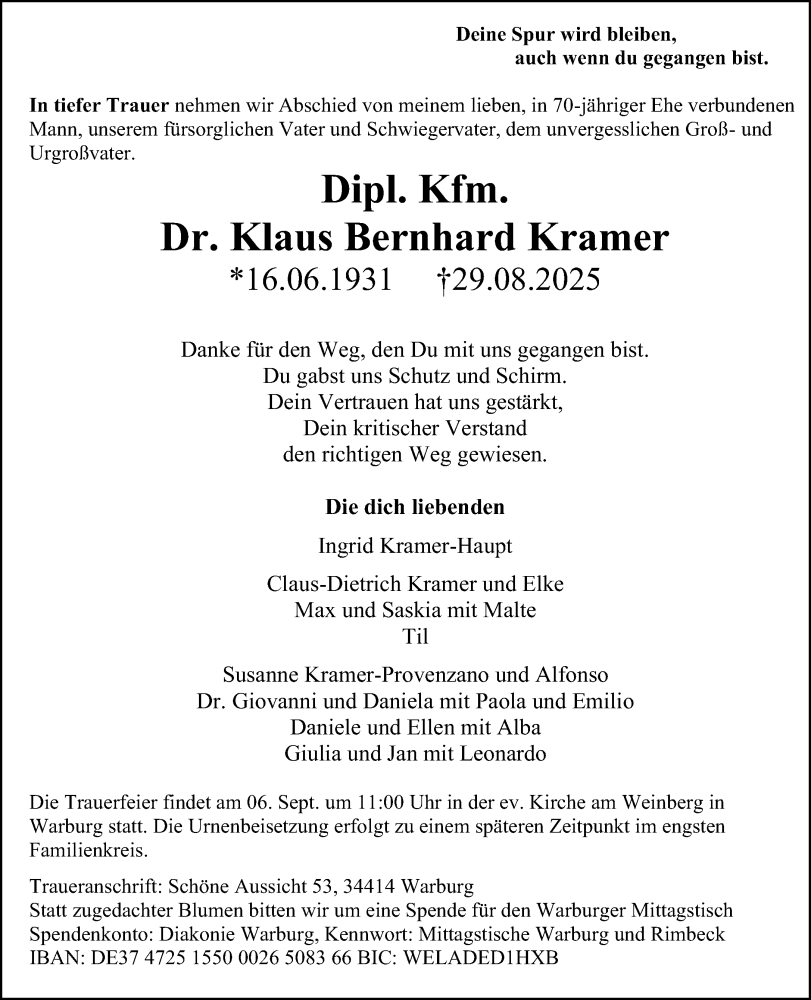  Traueranzeige für Klaus Bernhard Kramer vom 03.09.2025 aus Neue Westfälische und Westfalen-Blatt