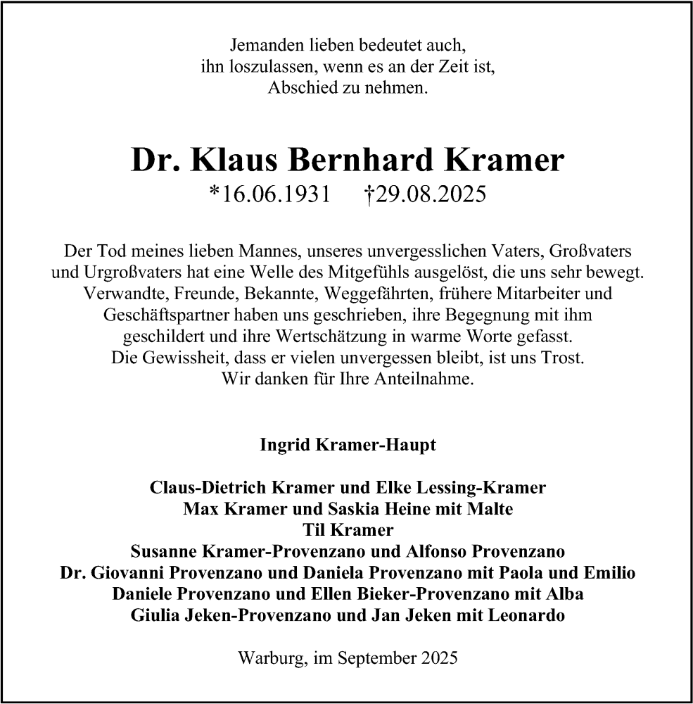  Traueranzeige für Klaus Bernhard Kramer vom 20.09.2025 aus Neue Westfälische und Westfalen-Blatt