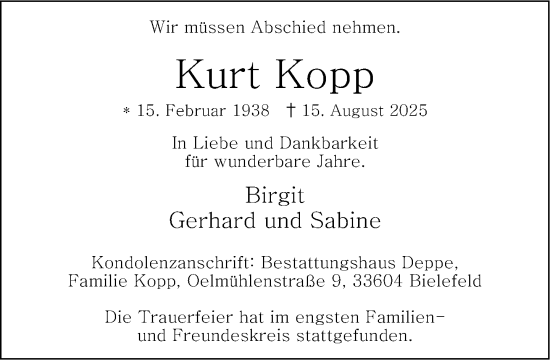 Traueranzeige von Kurt Kopp von Neue Westfälische und Westfalen-Blatt