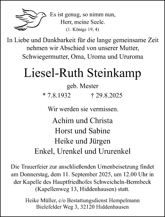 Traueranzeige von Liesel-Ruth Steinkamp von Neue Westfälische und Westfalen-Blatt