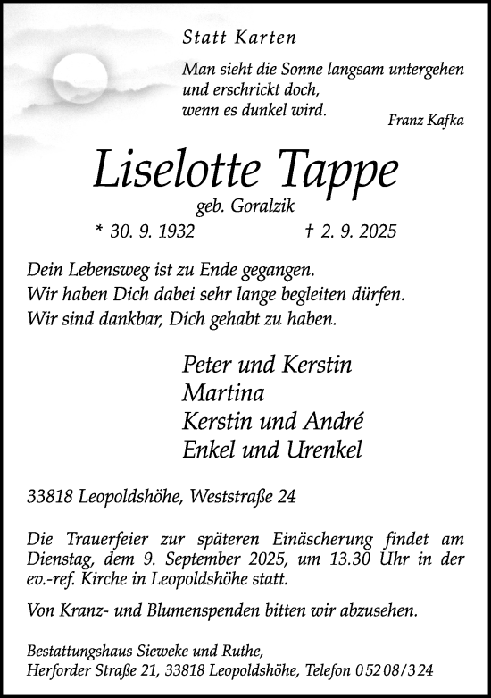 Traueranzeige von Liselotte Tappe von Neue Westfälische und Westfalen-Blatt