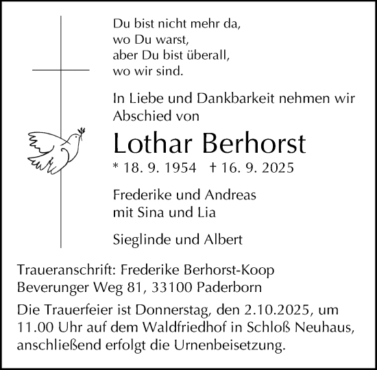 Traueranzeige von Lothar Berhorst von Neue Westfälische und Westfalen-Blatt